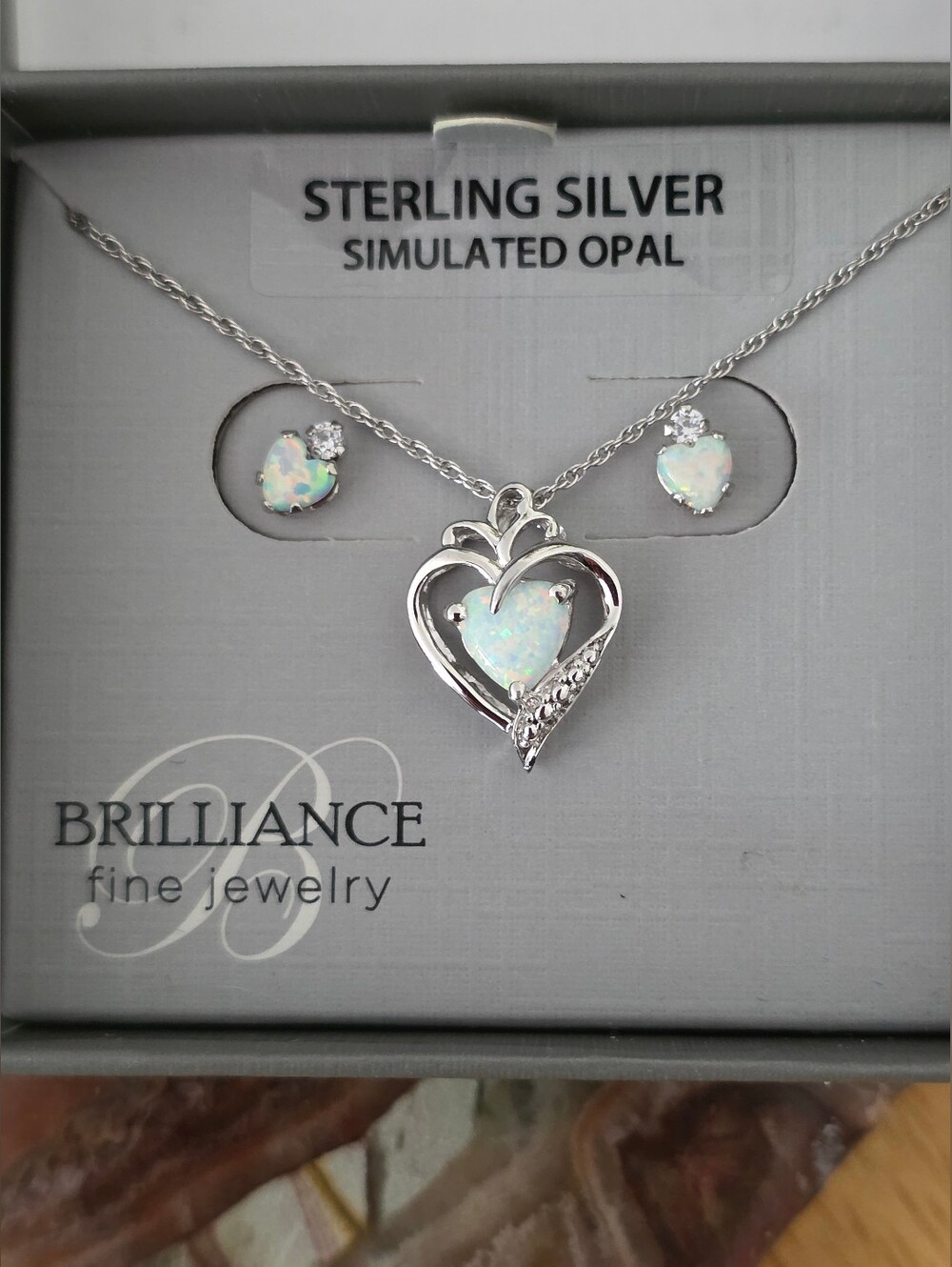 Sterling Silver Heart Necklace And Earrings with Simulated White Opal And CZ NWT